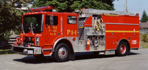 Photo of Anderson serial MS-1250-156, a 1989 Mack pumper of the Maple Ridge Fire Department in British Columbia.