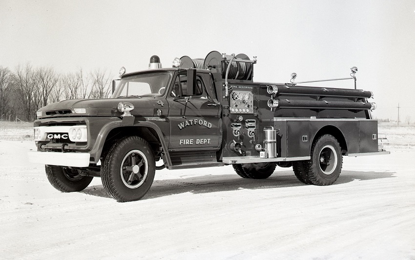 King-Seagrave delivery photo of serial 63096, a 1964 GMC pumper of the Watford Fire Department in Ontario.