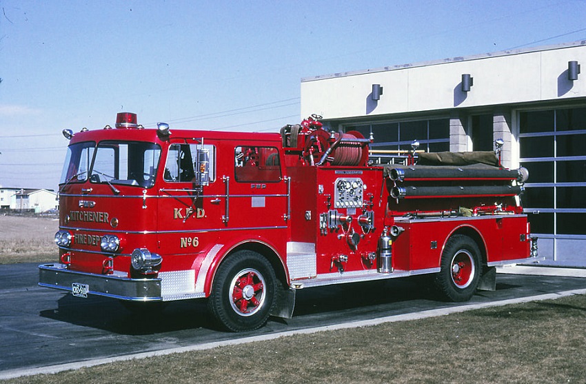Photo of King-Seagrave serial 63099, a 1964 FWD pumper of the Kitchener Fire Department in Ontario.