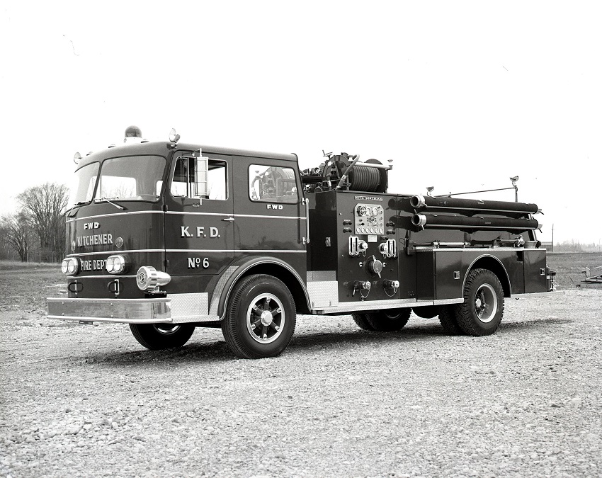 King-Seagrave delivery photo of serial 63099, a 1964 FWD pumper of the Kitchener Fire Department in Ontario.