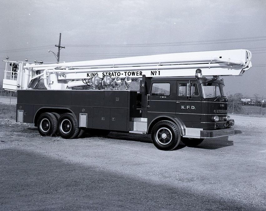 King-Seagrave delivery photo of serial 63100, a 1964 FWD aerial platform of the Kitchener Fire Department in Ontario.