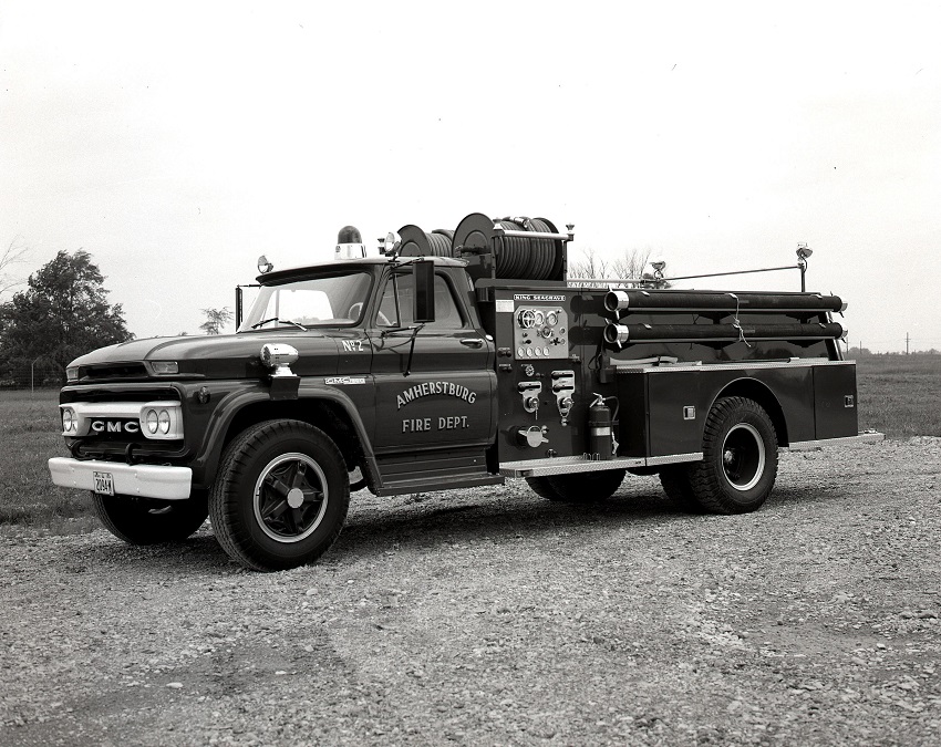 King-Seagrave delivery photo of serial 64009, a 1964 GMC pumper of the Amherstburg Fire Department in Ontario.