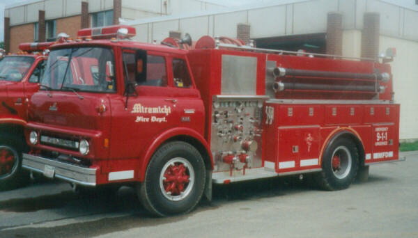 Photo of Pierreville serial PFT-939, a 1979 GMC pumper of the Miramichi Fire Department in New Brunswick.