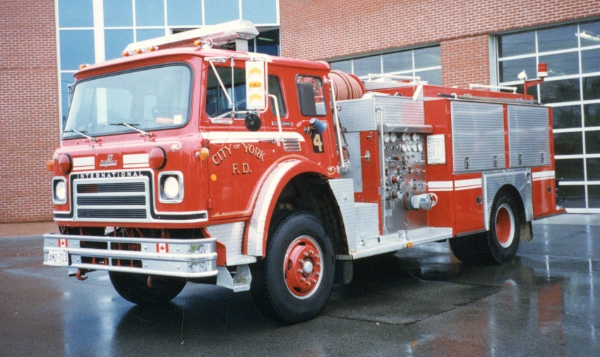 Photo of Pierreville serial PFT-1101, a 1980 International pumper of the York Fire Department in Ontario.