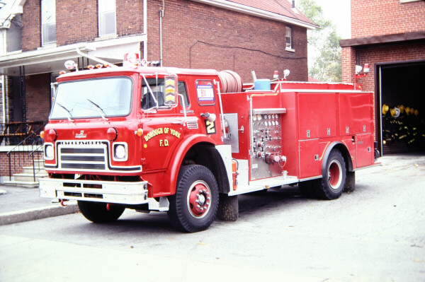 Photo of Pierreville serial PFT-1101, a 1980 International pumper of the York Fire Department in Ontario.