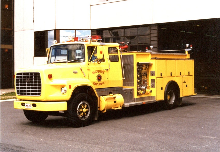 Photo of Pierreville serial PFT-1193, a 1982 Ford pumper of the Sudbury Fire Department in Ontario.