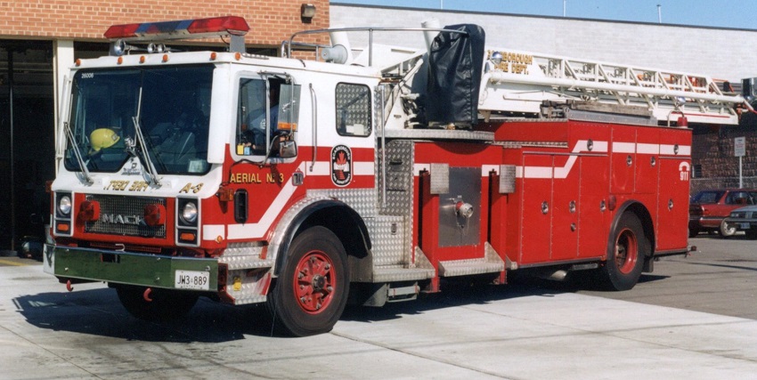 Photo of Pierreville serial PFT-1240, a 1983 Mack aerial of the Scarborough Fire Department in Ontario.