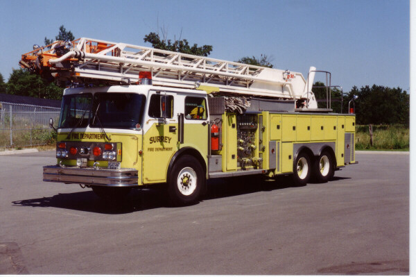 Photo of Pierreville serial PFT-1254, a 1983 Spartan quint of the Surrey Fire Department in British Columbia.