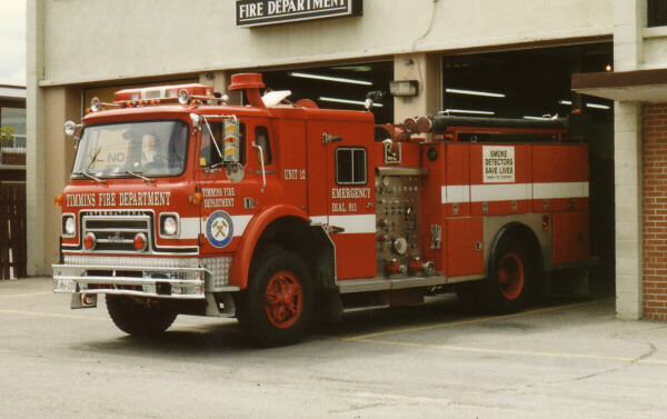 Photo of Pierreville serial PFT-1266, a 1982 International pumper of the Timmins Fire Department in Ontario.
