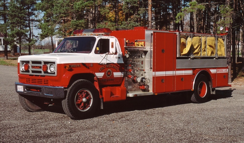 Photo of Pierreville serial PFT-1311, a 1983 GMC pumper/tanker of the Oro-Medonte Township Fire Department in Ontario.