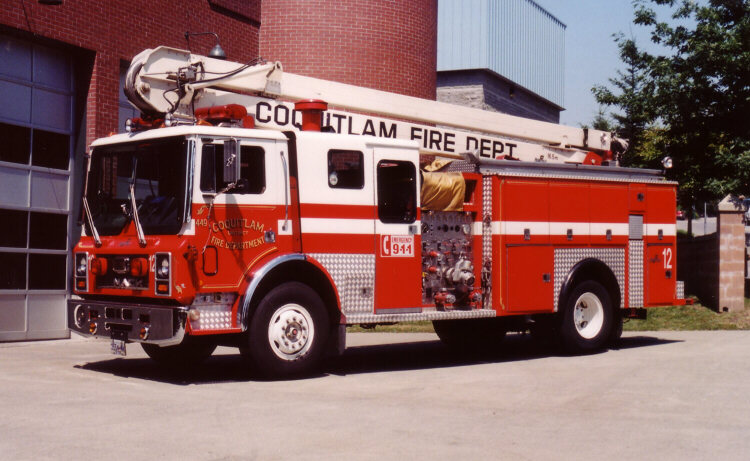 Photo of Pierreville serial PFT-1318, a 1985 Mack pumper of the Coquitlam Fire Department in British Columbia.