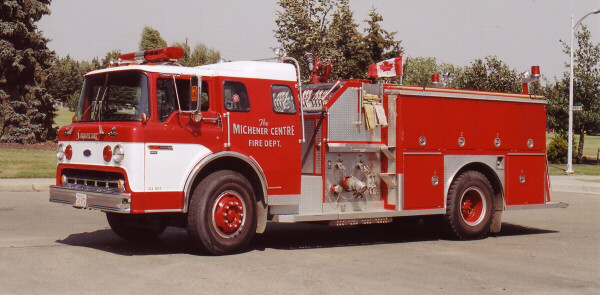 Photo of Superior serial SE 924, a 1988 Ford pumper of the Michener Centre  in Alberta.