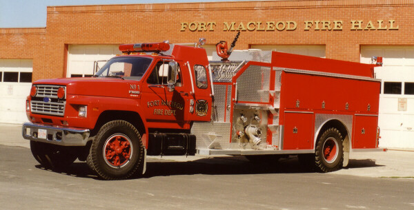 Photo of Superior serial SE 959, a 1989 Ford pumper of the Fort MacLeod Fire Department in Alberta.