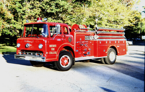 Photo of Thibault serial 16623, a 1966 Ford pumper of the Ontario Fire College in Ontario.