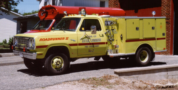 Photo of Thibault serial T77-144, a 1977 Dodge mini pumper of the Little Current Fire Department in Ontario.