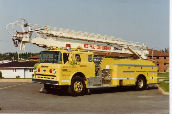 Photo of Thibault serial T86-138, a 1986 Ford aerial of the Westphal-Cole Harbour Fire Department in Nova Scotia.