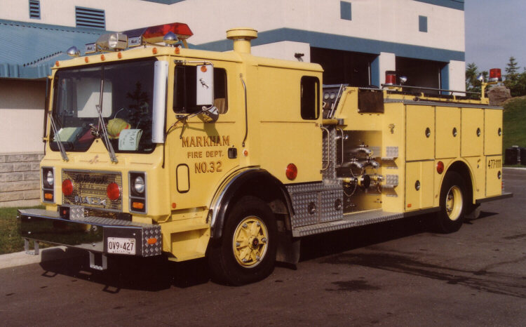 Photo of Thibault serial T88-114, a 1988 Mack pumper of the Markham Fire Department in Ontario.