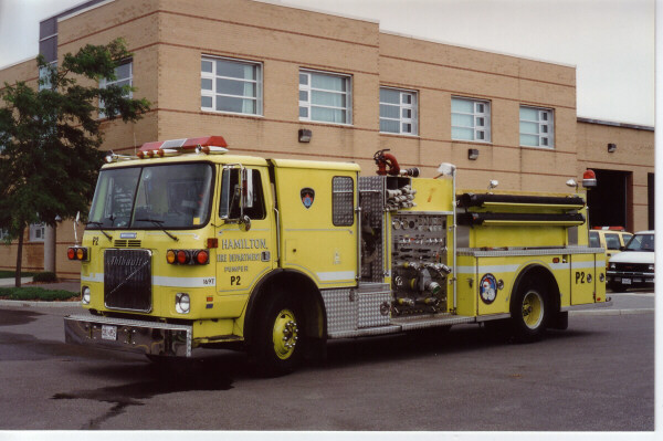 Photo of Thibault serial T90-410, a 1990 White GMC pumper of the Hamilton Fire Department in Ontario.