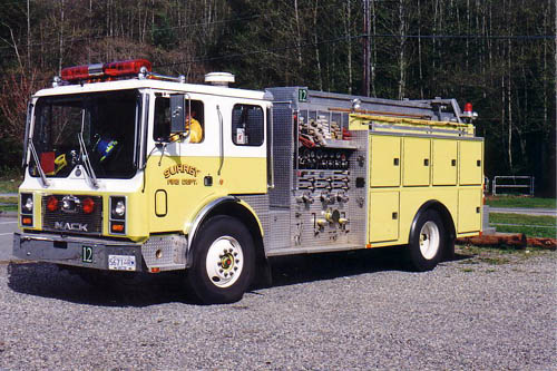 Photo of Anderson serial MS-1050-112, a 1987 Mack pumper of the Surrey Fire Department in British Columbia.