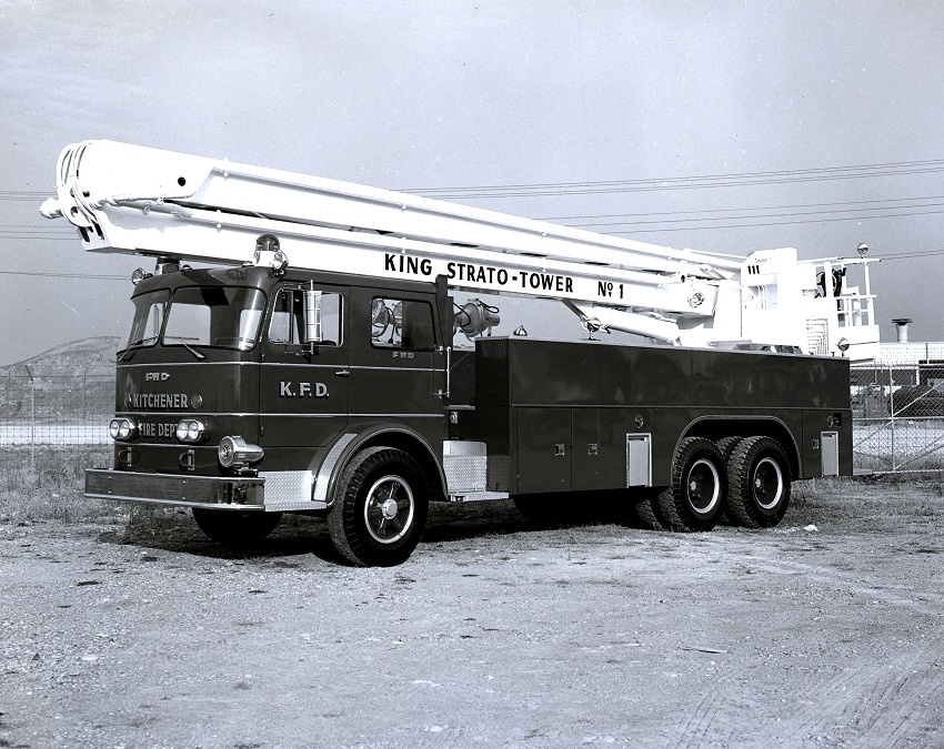 King-Seagrave delivery photo of serial 63100, a 1964 FWD aerial platform of the Kitchener Fire Department in Ontario.