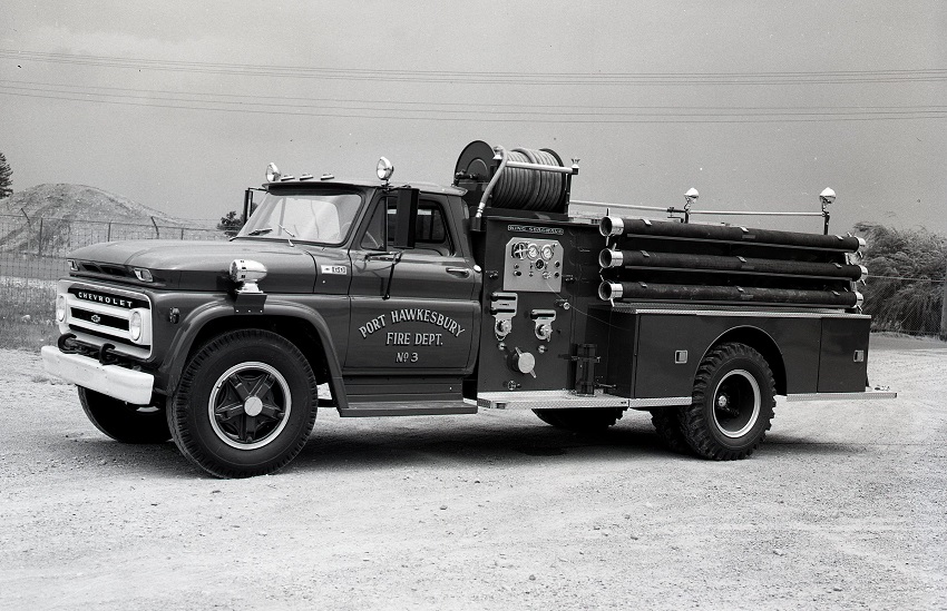 King-Seagrave delivery photo of serial 65035, a 1965 Chevrolet pumper of the Port Hawkesbury Fire Department in Nova Scotia.
