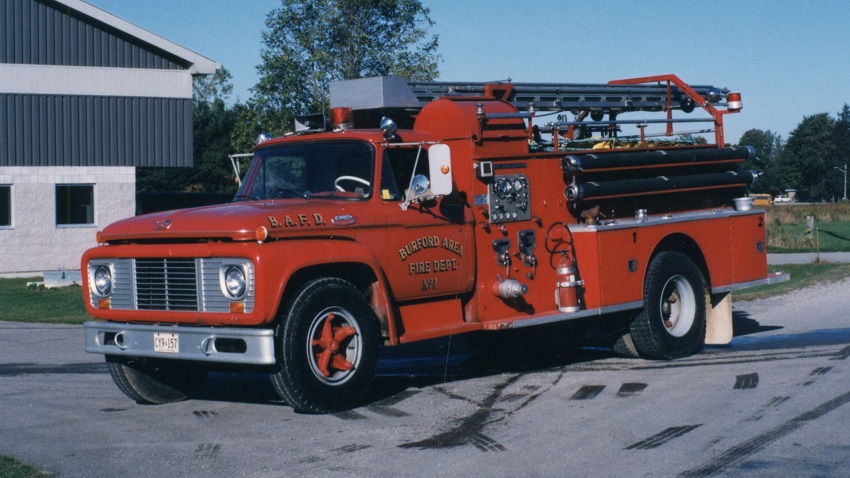 Photo of King-Seagrave serial 65036, a 1965 Ford pumper of the Burford Township Fire Department in Ontario.