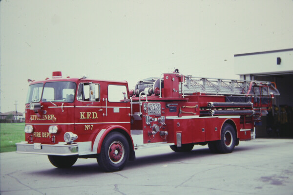 Photo of King-Seagrave serial 65038, a 1966 FWD quint of the Kitchener Fire Department in Ontario.