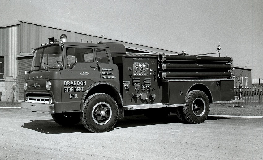 King-Seagrave delivery photo of serial 65144, a 1966 Ford pumper of the Brandon Fire Department in Manitoba.