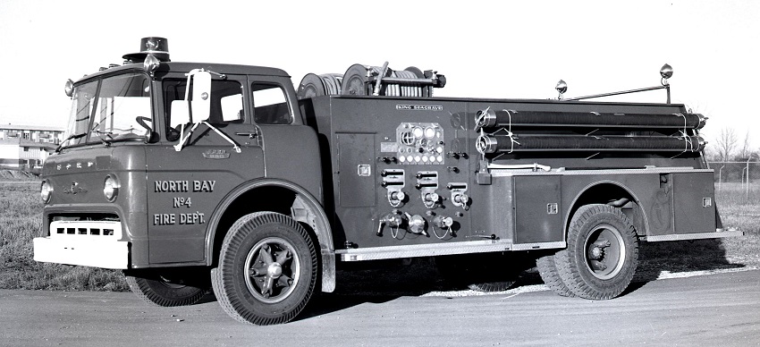 King-Seagrave delivery photo of serial 66068, a 1966 Ford pumper of the North Bay Fire Department in Ontario.