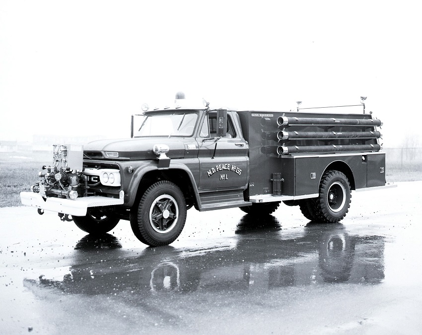 King-Seagrave delivery photo of serial 66070, a 1966 GMC pumper of the Berwyn Fire Department in Alberta.