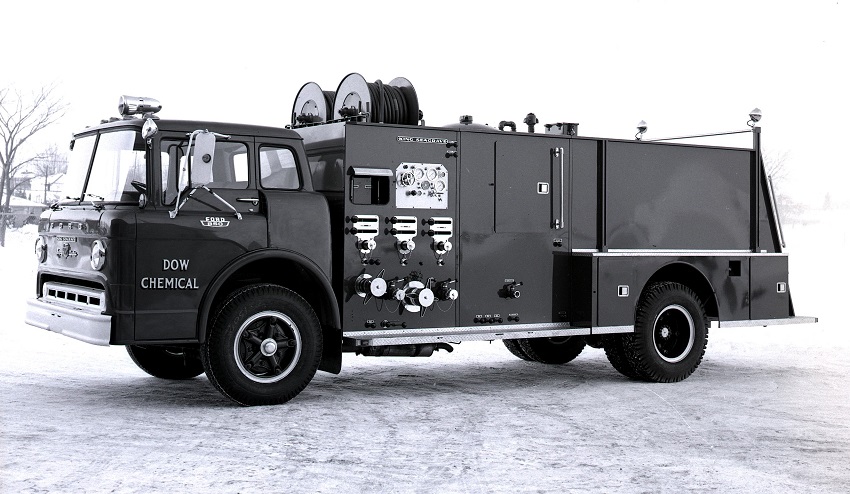 King-Seagrave delivery photo of serial 67013, a 1968 Ford pumper of Dow Chemical Canada Ltd. in Ontario.