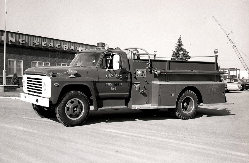 King-Seagrave delivery photo of serial 67032, a 1968 Ford pumper of the Canning Volunteer Fire Department in Nova Scotia.