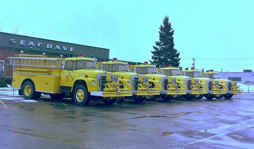 Photo of King-Seagrave serial numbers 77078 to 77083, 1978 International pumpers delivered to the Ontario Office of the Fire Marshal.