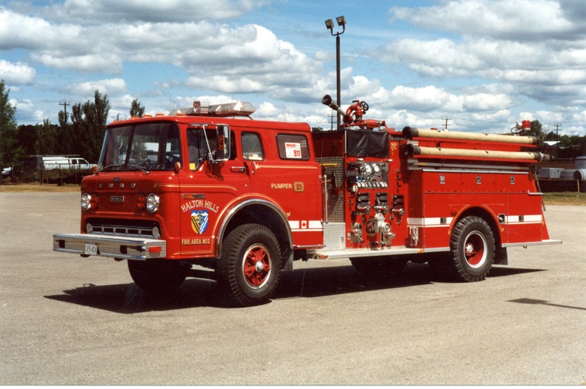 Photo of King-Seagrave serial 78001, a 1978 Ford pumper of the Halton Hills Fire Department in Ontario.