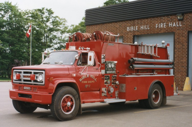 Photo of King-Seagrave serial 810032, a 1981 GMC pumper of the Bible Hill Fire Brigade in Nova Scotia.