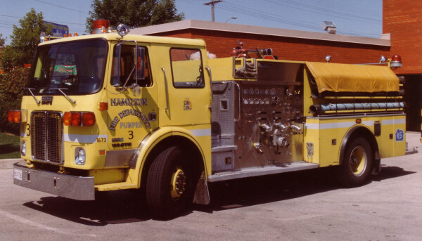 Photo of King-Seagrave serial 820058, a 1983 White pumper of the Hamilton Fire Department in Ontario.