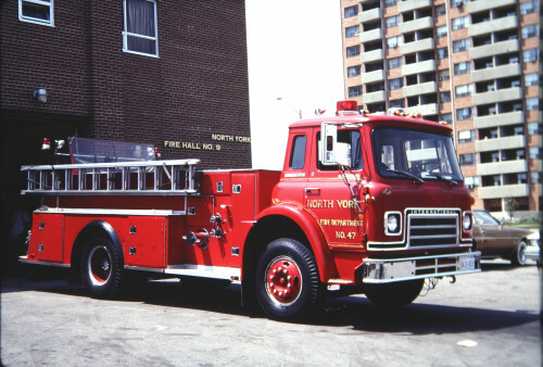 Photo of Pierreville serial PFT-659, a 1977 International pumper of the North York Fire Department in Ontario.