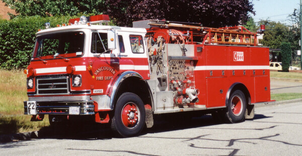 Photo of Pierreville serial PFT-991, a 1981 International pumper of the Vancouver Fire Department in British Columbia.
