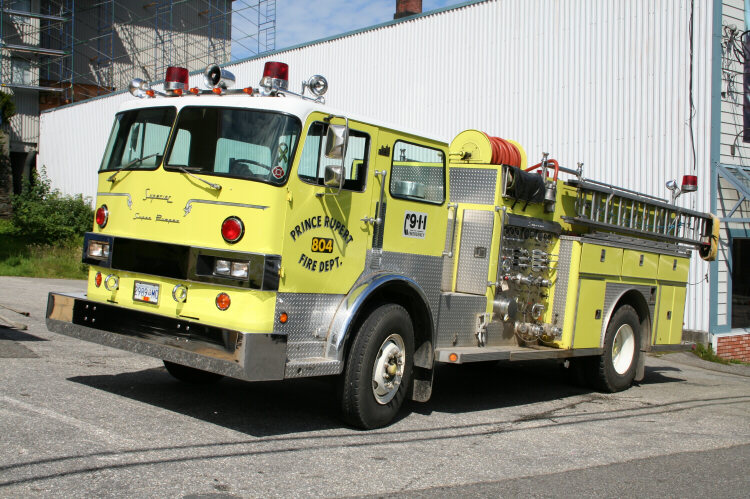 Photo of Superior serial SE 100, a 1976 Hendrickson pumper of the Prince Rupert Fire Department in British Columbia.