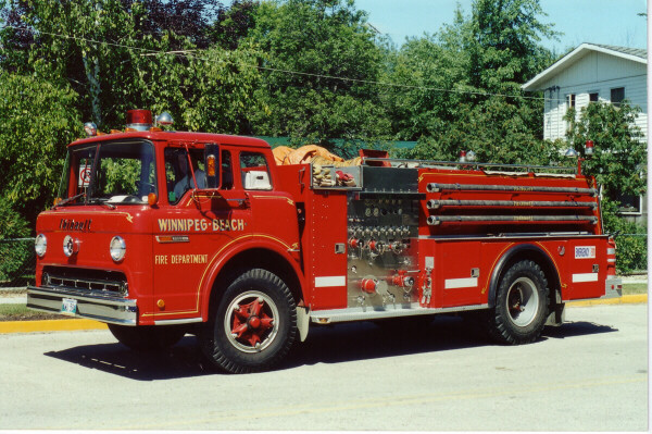Photo of Thibault serial T72-193, a 1972 Ford pumper of the Winnipeg Beach Fire Department in Manitoba.